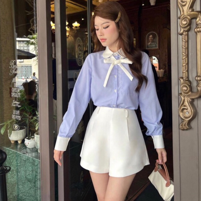 Áo sơ mi kẻ xanh cổ bèo phối tay đính đá tiểu thư , Áo sơ mi phối cổ bánh bèo /Jennycloset