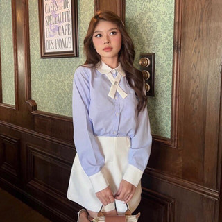  Áo sơ mi kẻ xanh cổ bèo phối tay đính đá tiểu thư , Áo sơ mi phối cổ bánh bèo /Jennycloset
