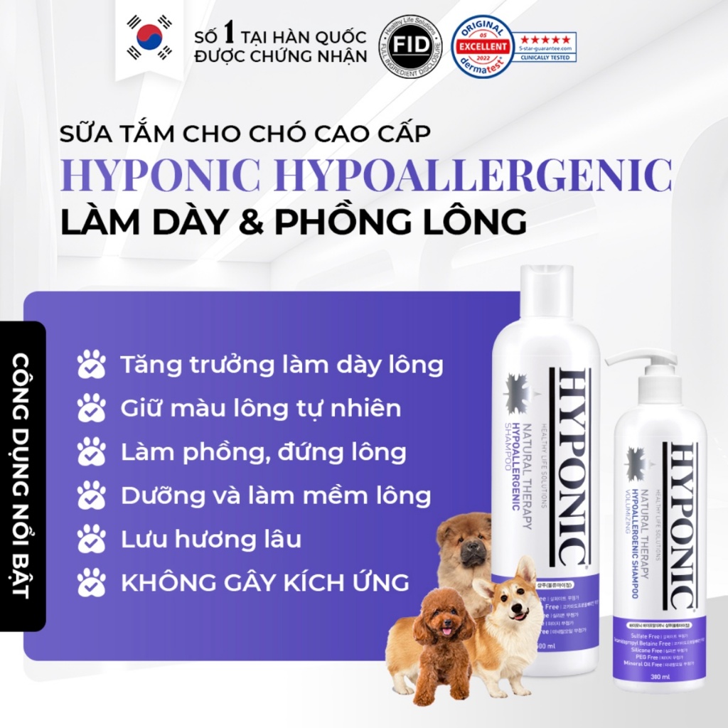 Sữa tắm cho chó cao cấp HYPONIC Hypoallergenic, làm dày & phồng lông