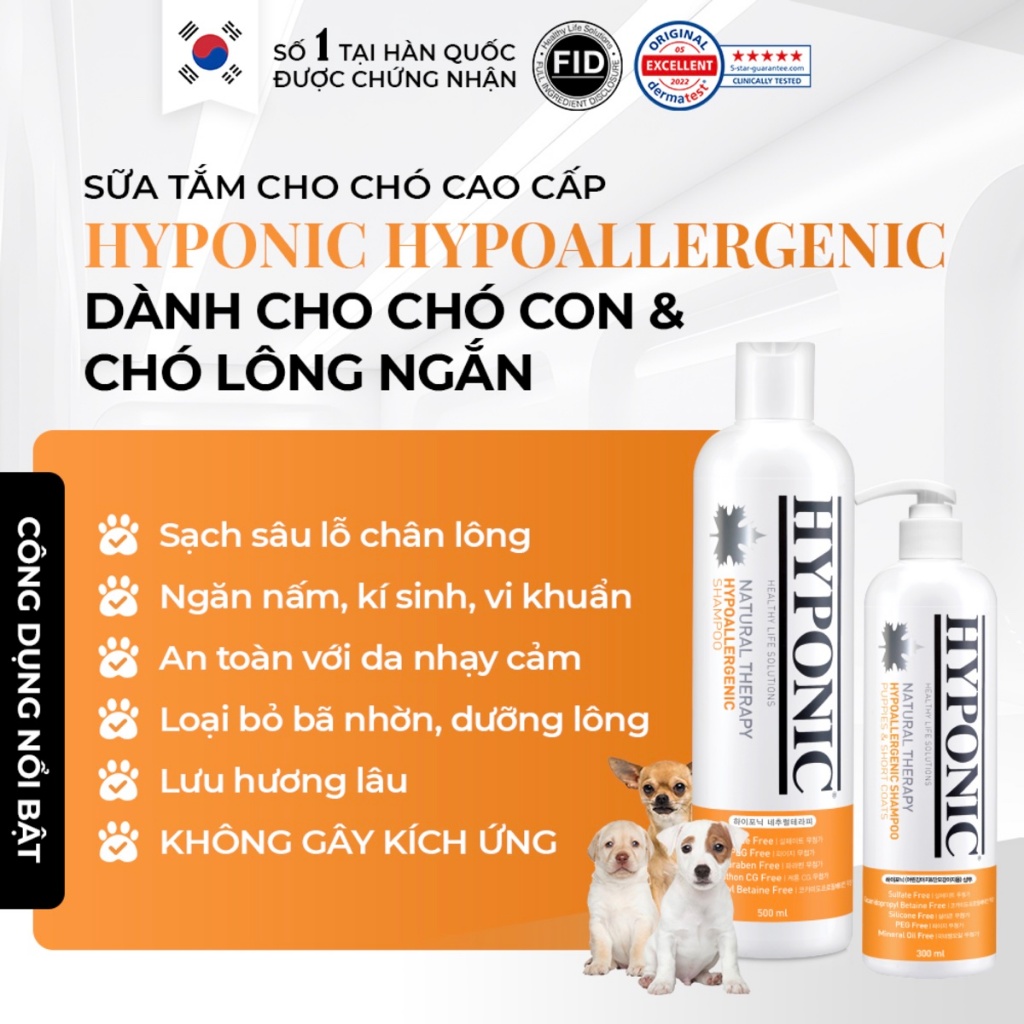 Sữa tắm cho chó cao cấp HYPONIC Hypoallergenic, dành cho chó con & chó lông ngắn