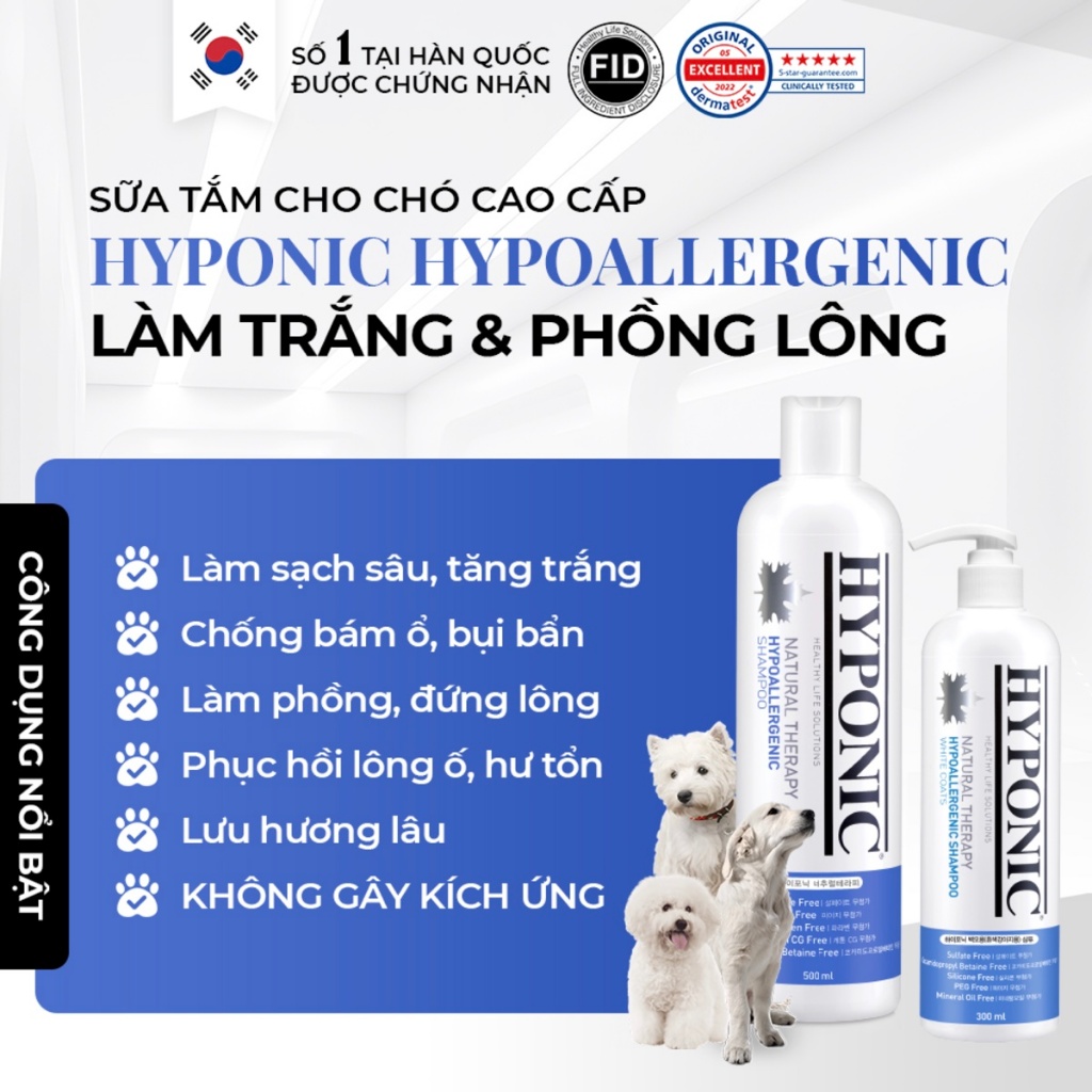 Sữa tắm cho chó cao cấp HYPONIC Hypoallergenic, làm trắng & phồng lông