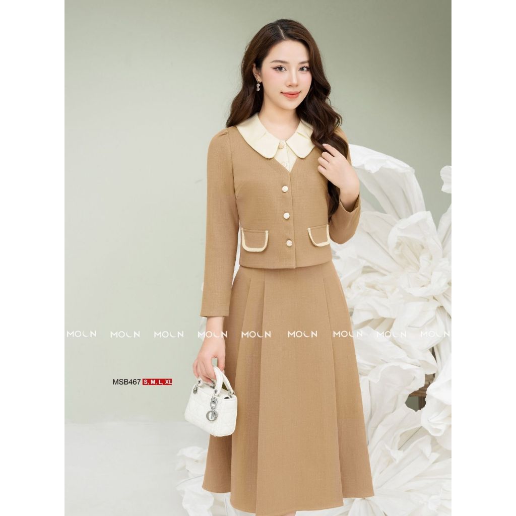 Set bộ chân váy áo sơ mi nữ, áo dáng ngắn cổ sen sang chảnh mix chân váy xếp ly basic chất tex chun MSB467 Moon