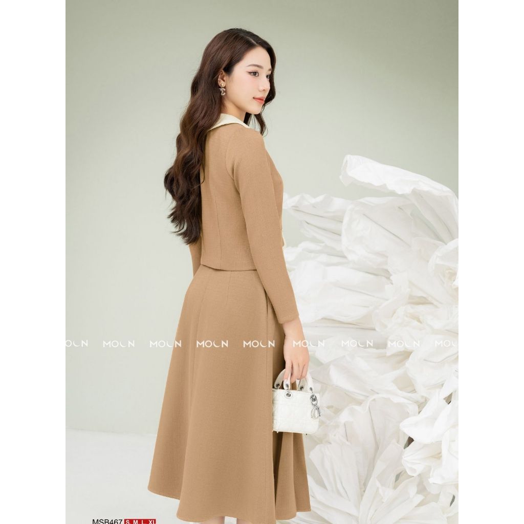 Set bộ chân váy áo sơ mi nữ, áo dáng ngắn cổ sen sang chảnh mix chân váy xếp ly basic chất tex chun MSB467 Moon