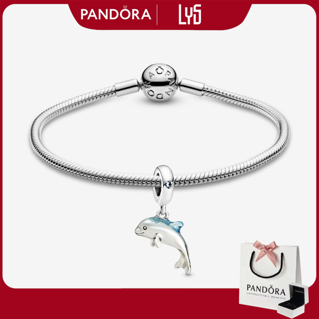 Vòng Charm Pandora Vòng Tay Bạc Khóa Tròn Trơn Và Charm Cá Heo Tráng Mem Xanh