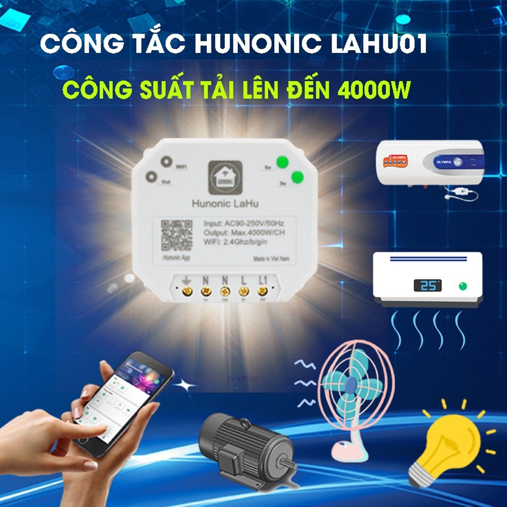 Công Tắc Wifi Lahu, Công Tắc Thông Minh Hẹn Giờ Không Cần Internet RTC Hunonic, Công Suất Lên Đến 4000W - LAHU