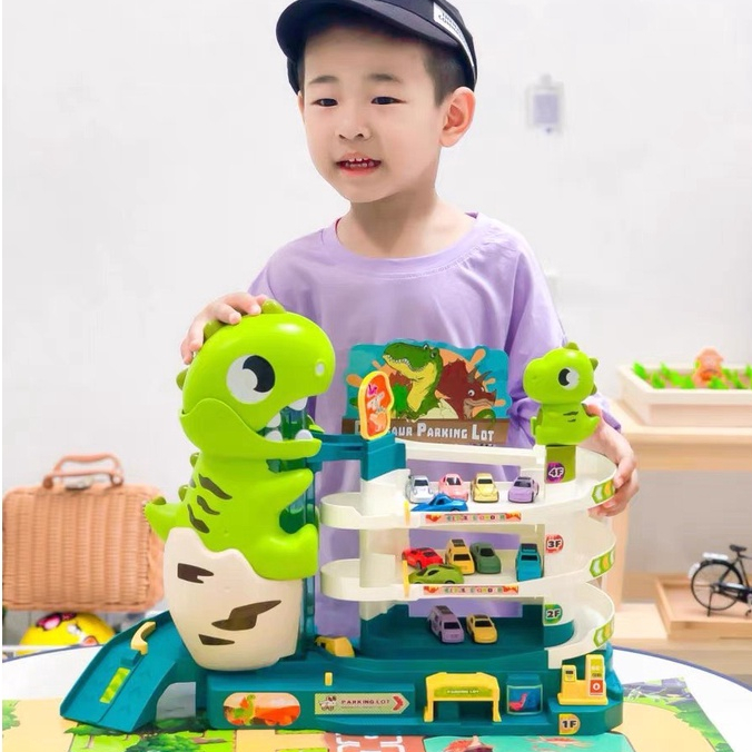 Đồ Chơi Bãi xe Khủng Long Tặng Kèm 6 Xe Trượt / Đồ chơi đường ray ô tô, bãi xe công trường / Bộ đường đua khủng long