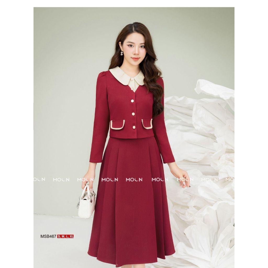 Set áo sơ mi chân váy công sở 𝐌𝐎𝐎𝐍, áo sơ mi cổ sen dài tay dáng ngắn mix chân váy dài basic chất tex chun MSB467
