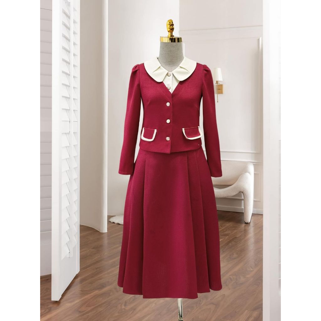 Set áo sơ mi chân váy công sở 𝐌𝐎𝐎𝐍, áo sơ mi cổ sen dài tay dáng ngắn mix chân váy dài basic chất tex chun MSB467