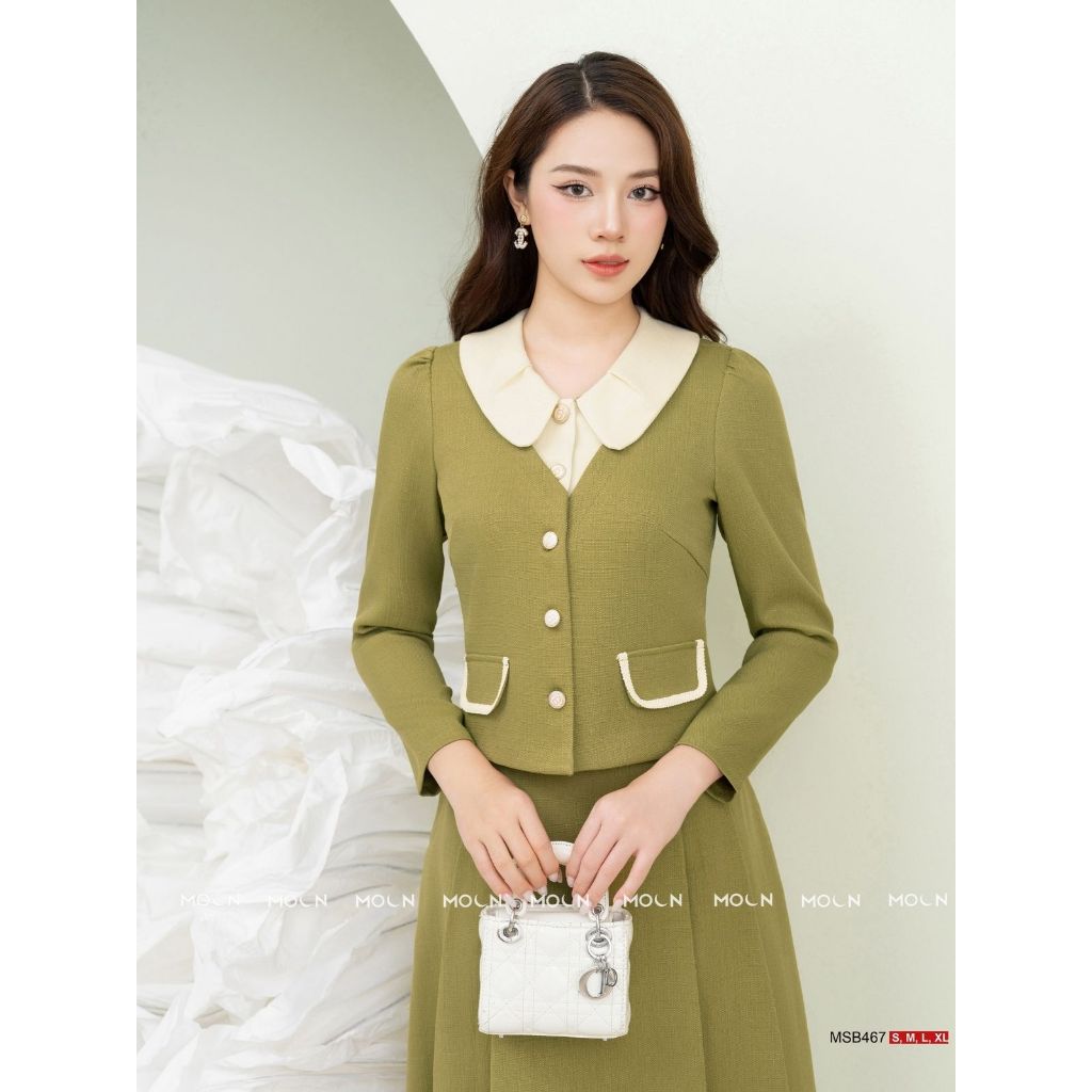 Set áo sơ mi chân váy công sở 𝐌𝐎𝐎𝐍, áo sơ mi cổ sen dài tay dáng ngắn mix chân váy dài basic chất tex chun MSB467