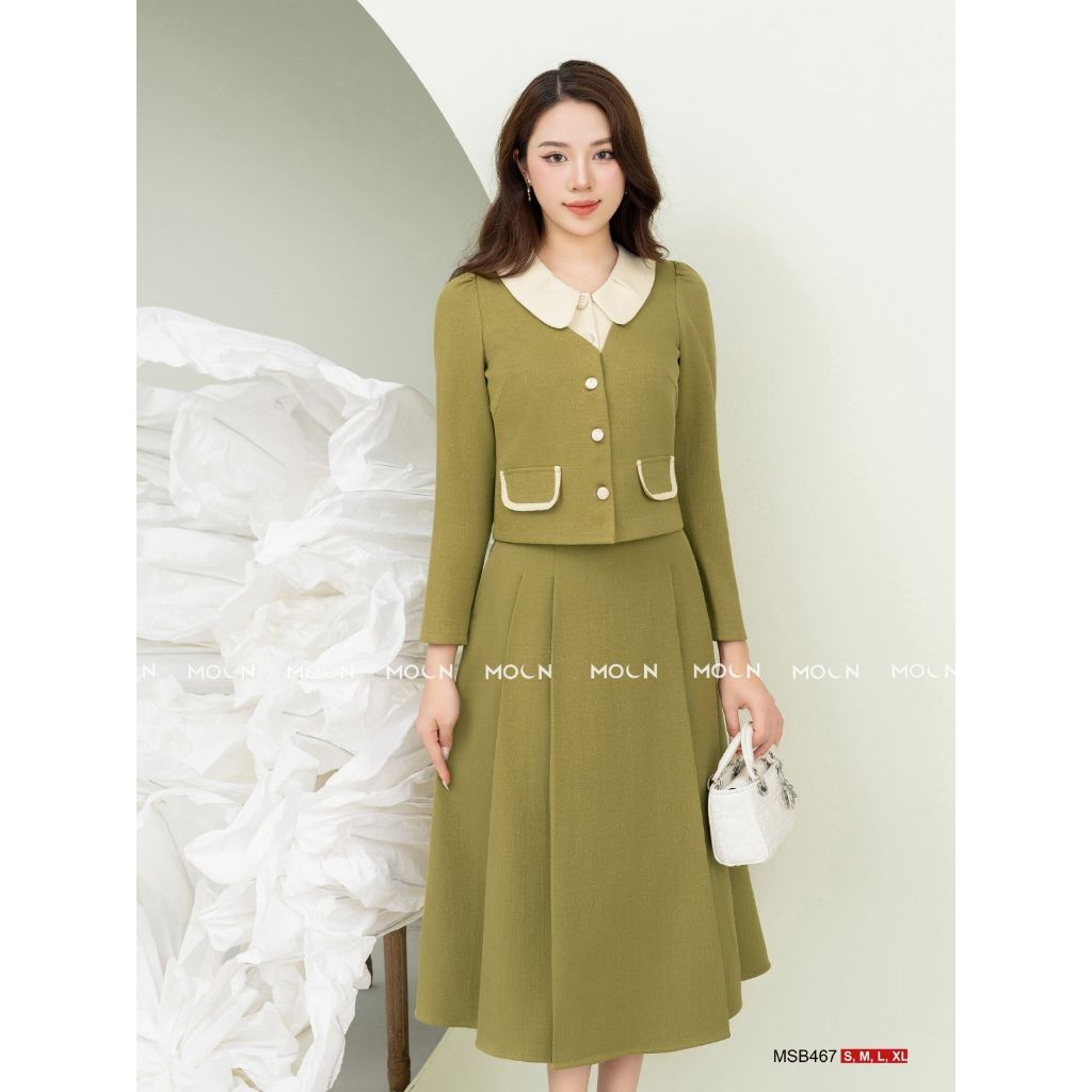 Set áo sơ mi chân váy công sở 𝐌𝐎𝐎𝐍, áo sơ mi cổ sen dài tay dáng ngắn mix chân váy dài basic chất tex chun MSB467