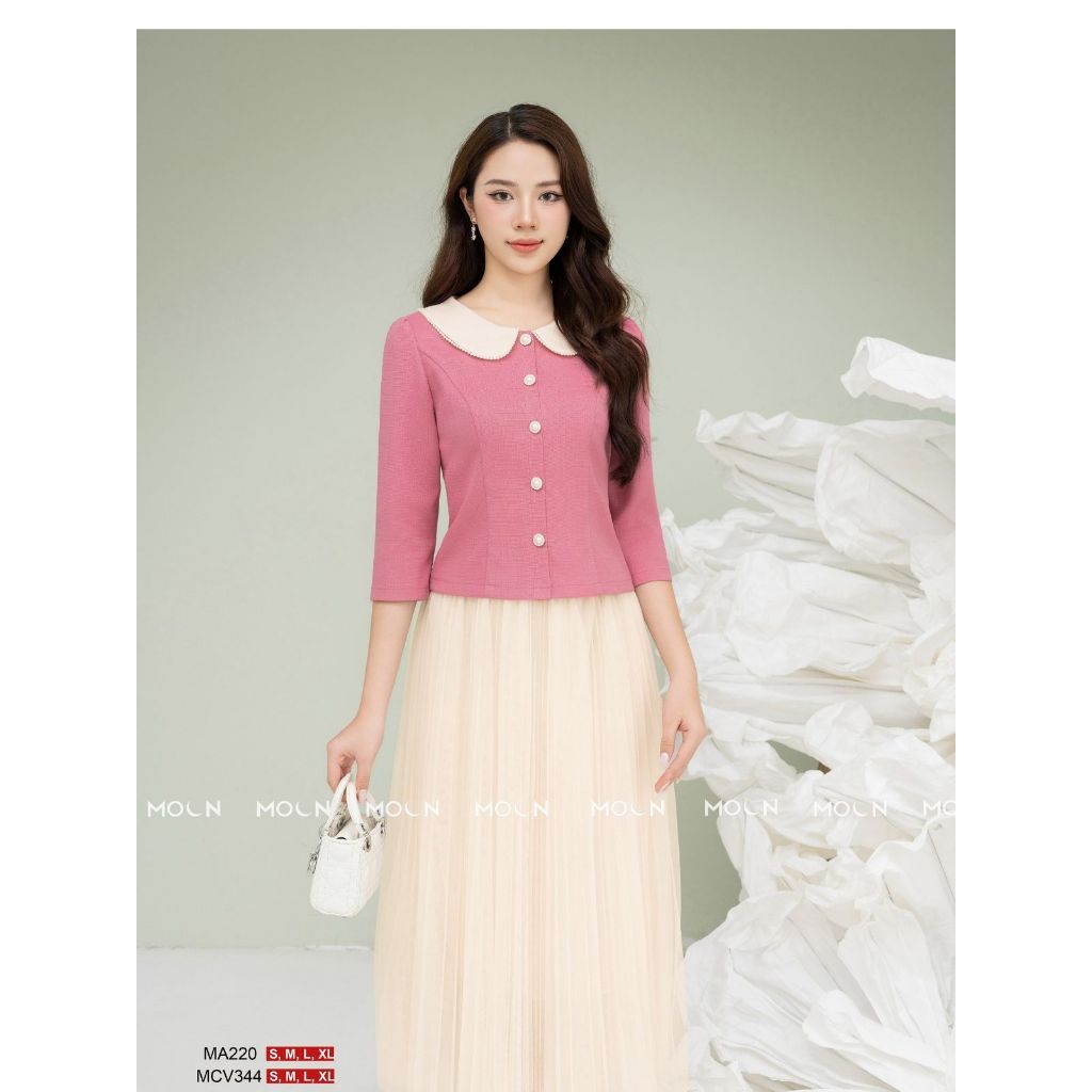 Áo sơ mi chân váy công sở 𝐌𝐎𝐎𝐍, áo sơ mi cổ sen dáng ngắn MA220 chất tex chun chân váy dài xước thái basic MCV376