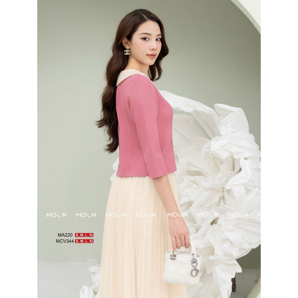 Áo sơ mi chân váy công sở 𝐌𝐎𝐎𝐍, áo sơ mi cổ sen dáng ngắn MA220 chất tex chun chân váy dài xước thái basic MCV376