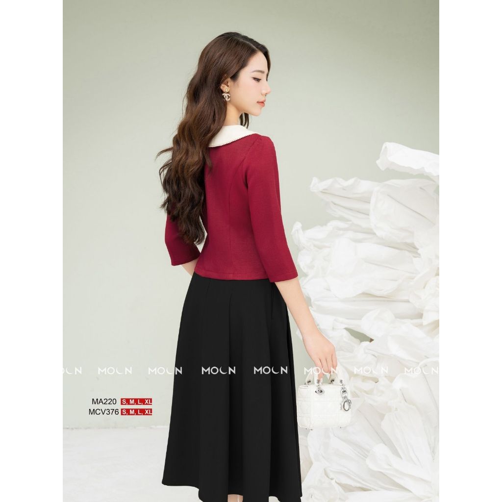 Áo sơ mi chân váy công sở 𝐌𝐎𝐎𝐍, áo sơ mi cổ sen dáng ngắn MA220 chất tex chun chân váy dài xước thái basic MCV376