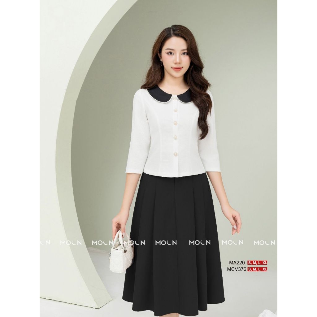 Áo sơ mi chân váy công sở 𝐌𝐎𝐎𝐍, áo sơ mi cổ sen dáng ngắn MA220 chất tex chun chân váy dài xước thái basic MCV376