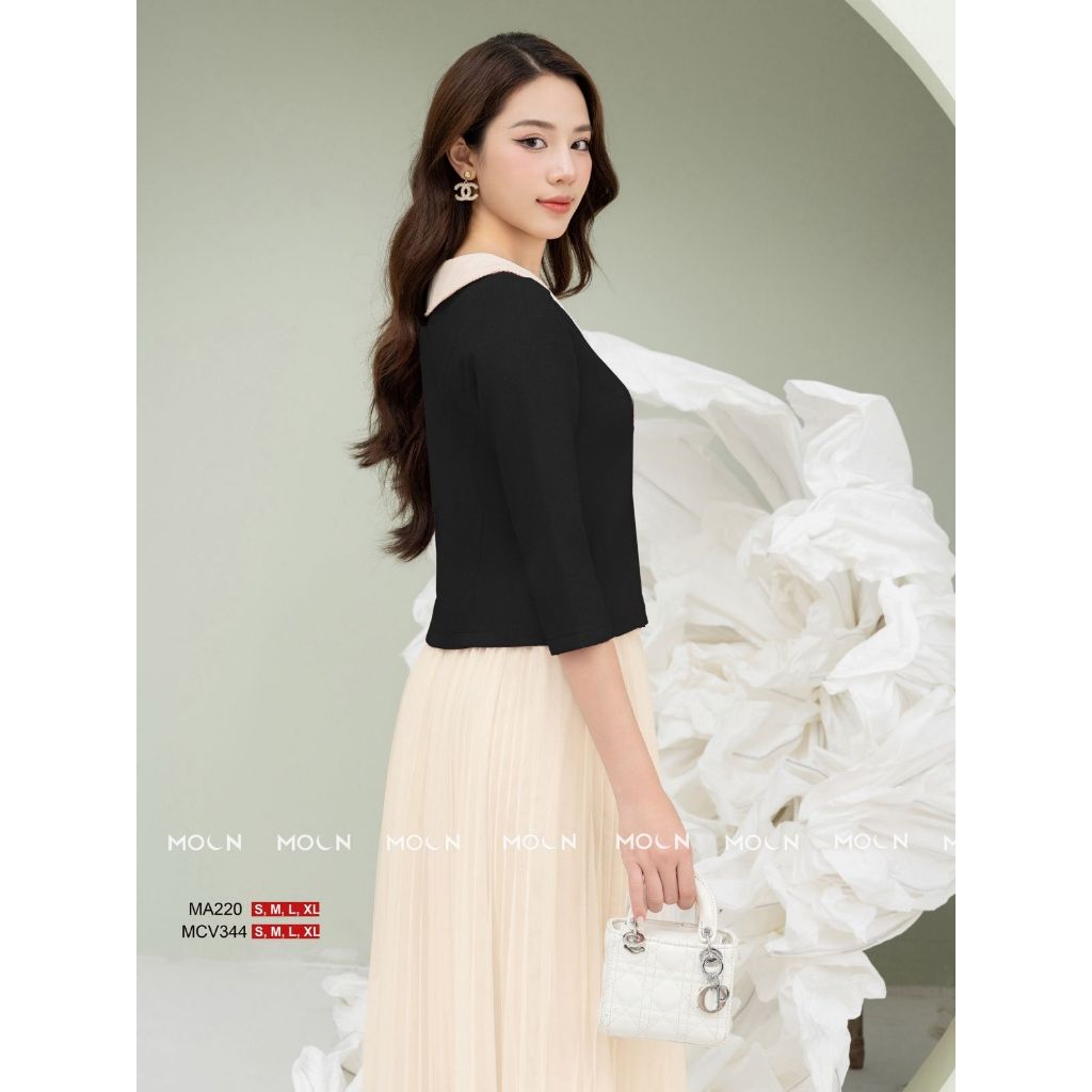 Áo sơ mi chân váy công sở 𝐌𝐎𝐎𝐍, áo sơ mi cổ sen dáng ngắn MA220 chất tex chun chân váy dài xước thái basic MCV376