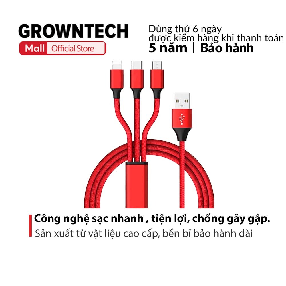 Dây cáp sạc nhanh X82 GrownTech 3 trong 1 dây dù lõi đồng hợp kim nhôm không nóng máy cho các dòng điện thoại