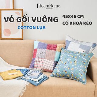 Vỏ gối vuông 45x45 Cotton Lụa, gối tựa lưng sofa có khóa kéo, trang trí, dựa lưng đầu giường, ghế văn phòng DREAMHOME
