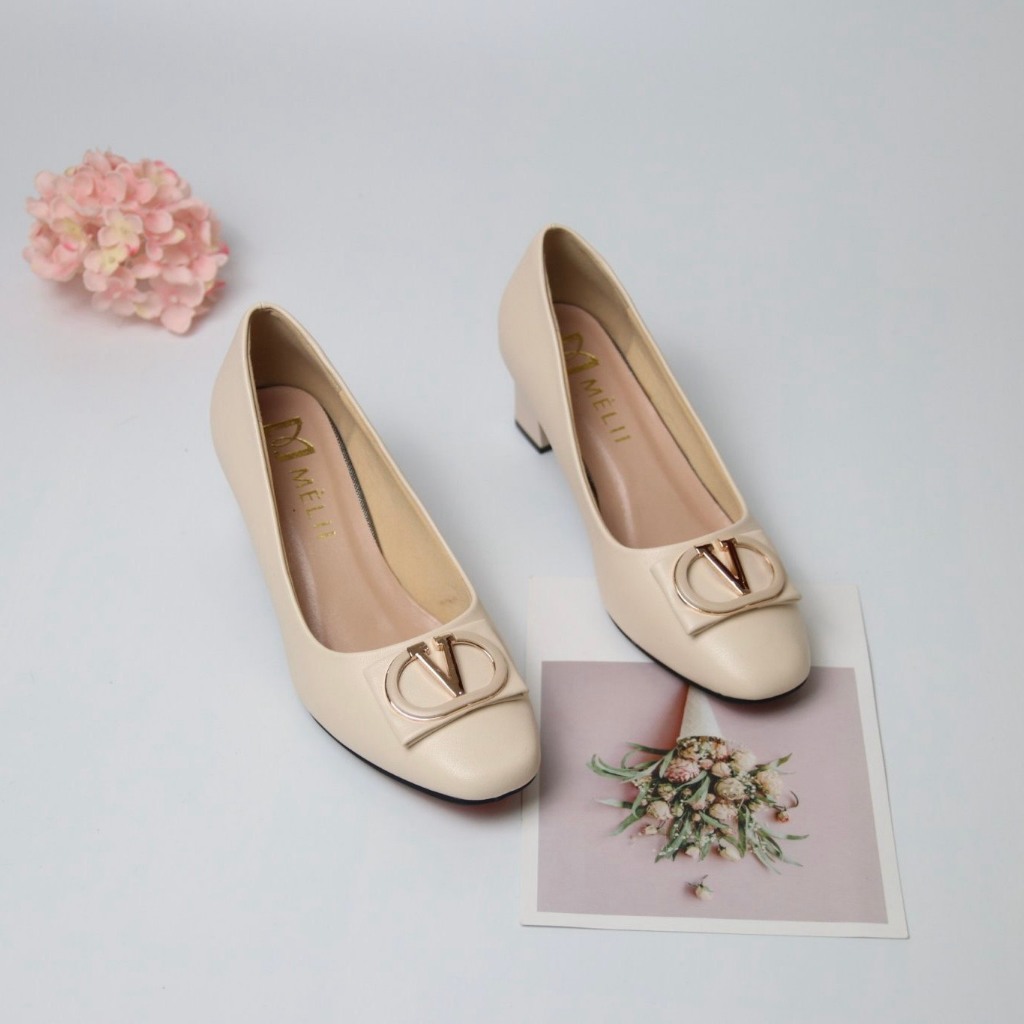 Giày cao gót mũi vuông gót trụ cao 5 phân, nơ chữ V da lì hai màu đen và kem