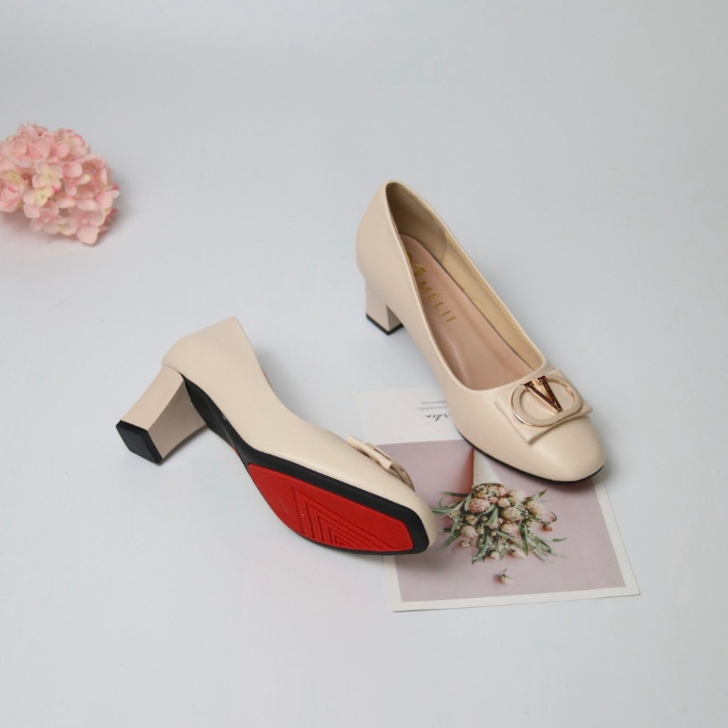 Giày cao gót mũi vuông gót trụ cao 5 phân, nơ chữ V da lì hai màu đen và kem