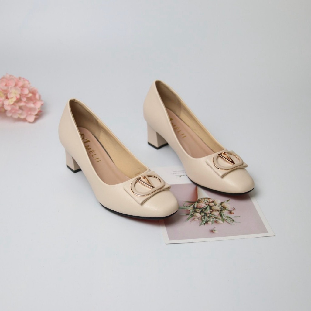 Giày cao gót mũi vuông gót trụ cao 5 phân, nơ chữ V da lì hai màu đen và kem