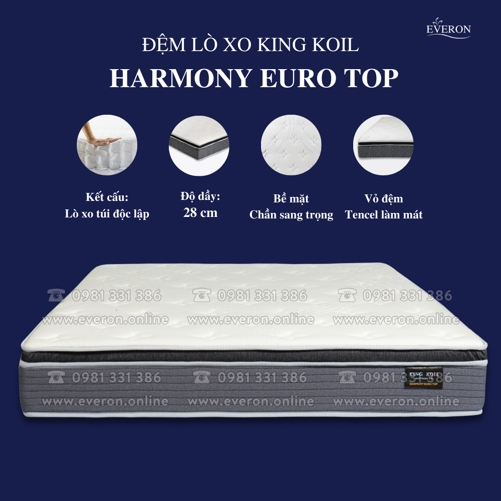 Đệm lò xo túi King Koil Everon Harmony Euro Top 27cm đàn hồi vừa phải, nâng đỡ 7 vùng trọn vẹn