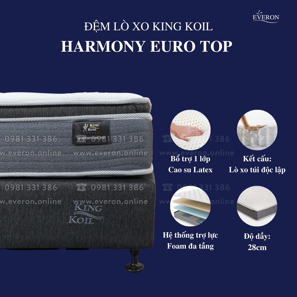 Đệm lò xo túi King Koil Everon Harmony Euro Top 27cm đàn hồi vừa phải, nâng đỡ 7 vùng trọn vẹn