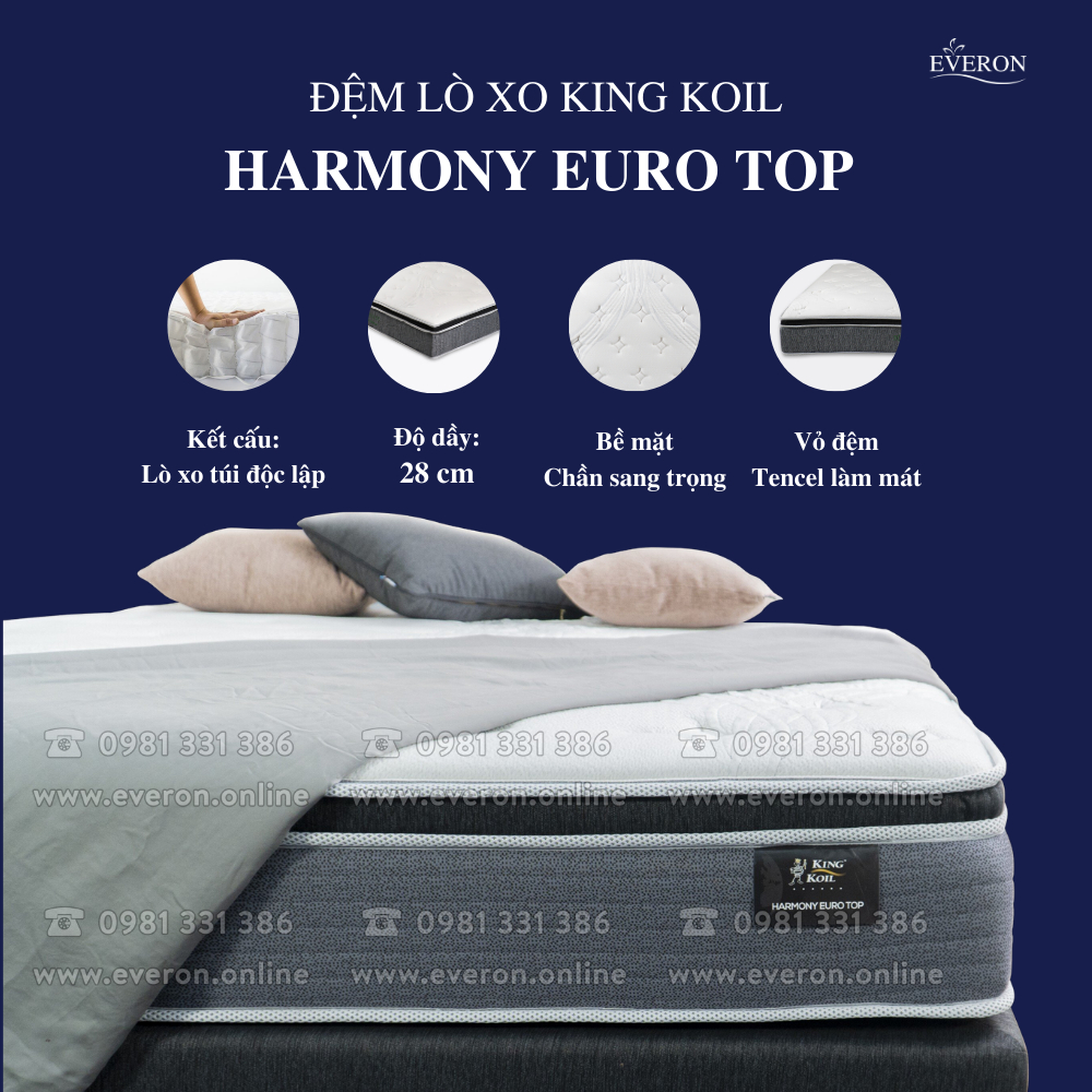 Đệm lò xo túi King Koil Everon Harmony Euro Top 27cm đàn hồi vừa phải, nâng đỡ 7 vùng trọn vẹn