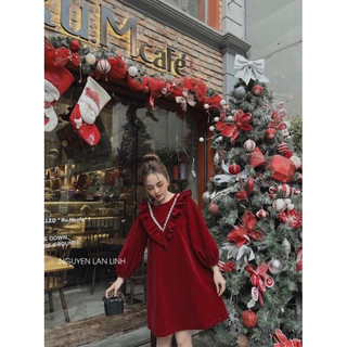 Váy bầu nhung dài tay cổ cúc ngọc bèo v -2 màu