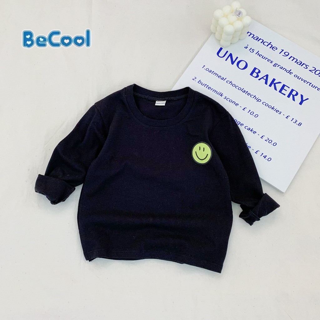 Áo Phông Dài tay In Hình mặt Cười BECOOL, Áo Phông Dài Tay Thu Đông Cho Bé Từ 10-27kg