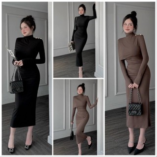  Set đầm body tay dài cổ lọ dáng dài kèm áo khoác 1 tay rời bên ngoài sang chảnh - thun lạnh 