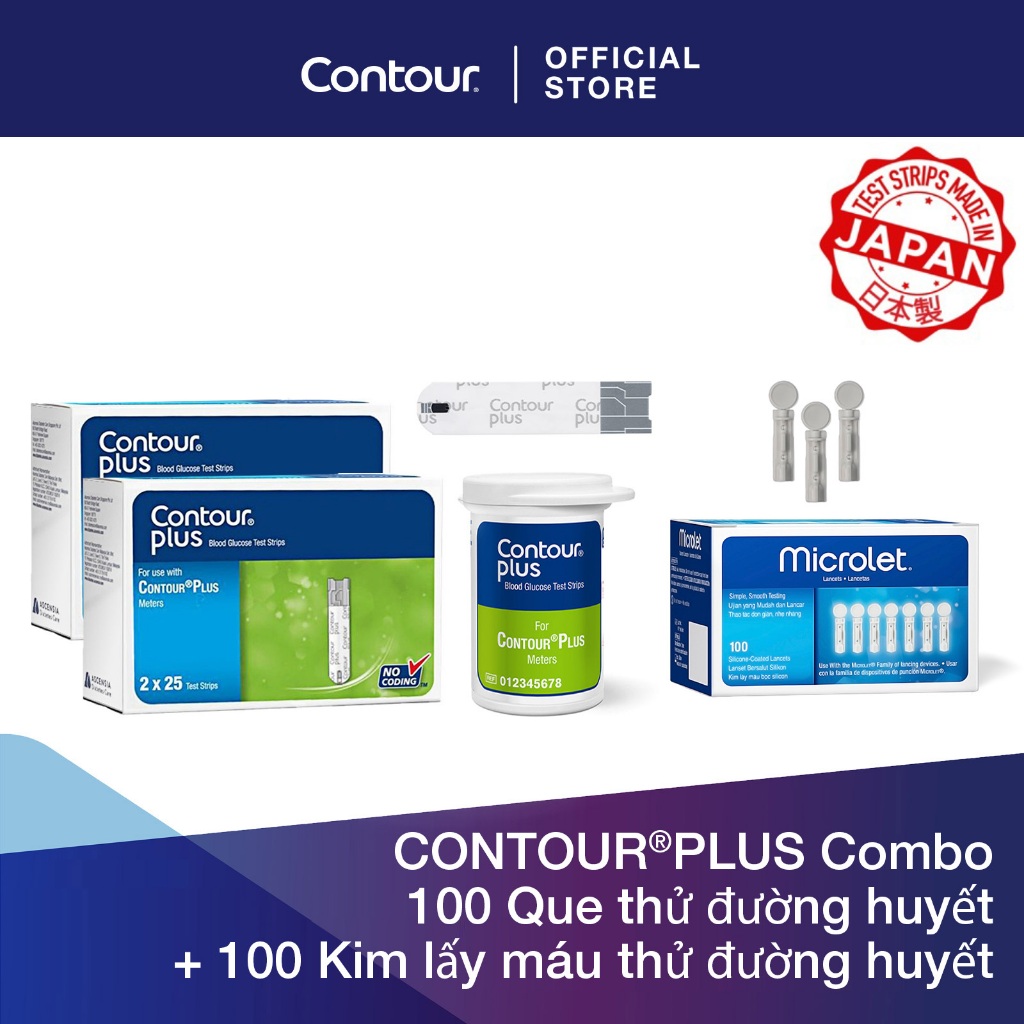 Bộ 2 sản phẩm 100 Que thử đường huyết CONTOUR PLUS và 100 Kim lấy máu thử đường huyết​