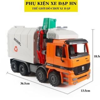 Mô hình xe chở rác đồ chơi xe chở rác màu cam có kính chắn tặng kèm 3 thùng rác
