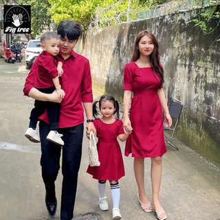 Combo Sơ Mi Váy Gia Đình Fig Tree Màu Đỏ Đô Siêu Xinh Kèm Feedback Cực Xịn