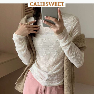 Áo ren mỏng Caliesweet áo ren hoa mỏng dài tay phối cổ cao phong cách thời trang CMA0211A