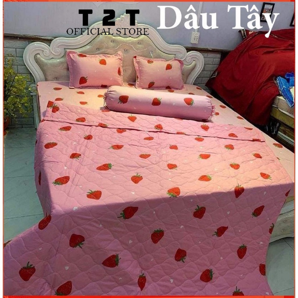 Bộ chăn ga gối hè dâu tây cotton poly T2T đầy đủ kích cỡ m2/m6/m8/2m2 đệm cao dưới 12p