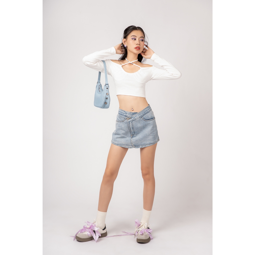 Áo croptop nữ tay dài khoen ngực TOPTIFY kiểu bẹt vai viền ngực Layla Top AC239