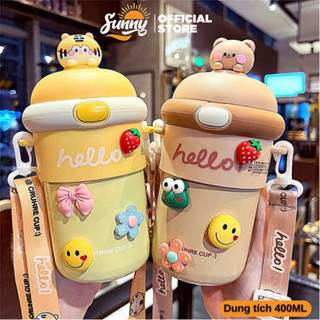 Bình nước thủy tinh bọc nhựa giữ nhiệt 450ml có ống hút dây đeo tiện lợi, nắp thú dễ thương BN26