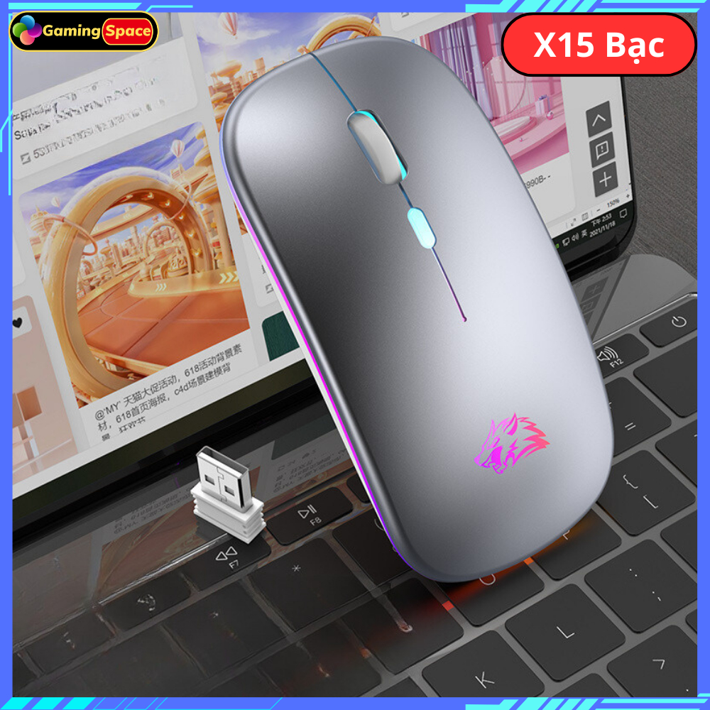 Chuột Không Dây Bluetooth X15 Pin sạc siêu mỏng Led RGB , chơi game và làm văn phòng