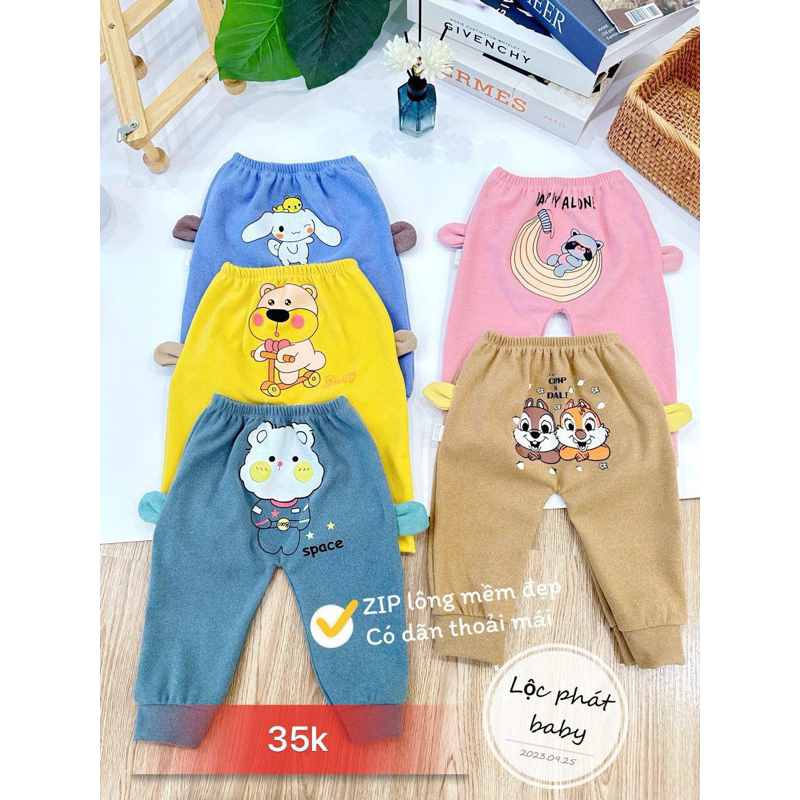 Quần nỉ zip nhung in mông tai gâu cho bé