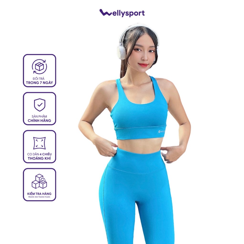 Bộ đồ tập yoga nữ, Gym Welly Sport, áo bra 4 dây kèm mút đệm siêu nâng ngực, màu xanh Ivy Blue, Mã 4DHNM