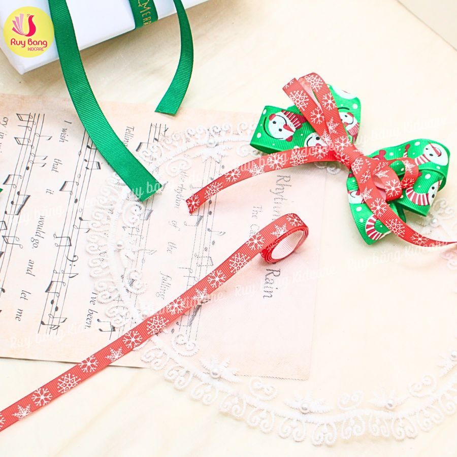 Ruy băng noel, ruy băng họa tiết noel dùng trang trí, ruy băng gói quà, kẹp tóc noel...