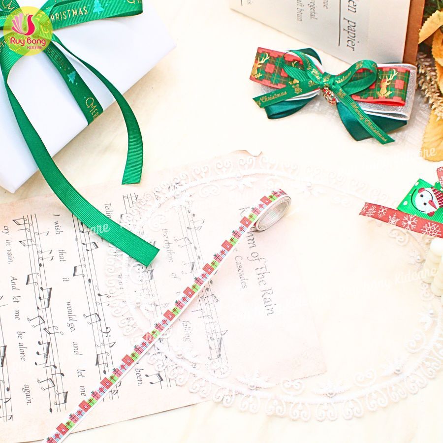 Ruy băng noel, ruy băng họa tiết noel dùng trang trí, ruy băng gói quà, kẹp tóc noel...