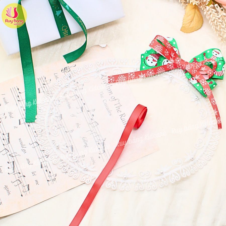 Ruy băng noel, ruy băng họa tiết noel dùng trang trí, ruy băng gói quà, kẹp tóc noel...