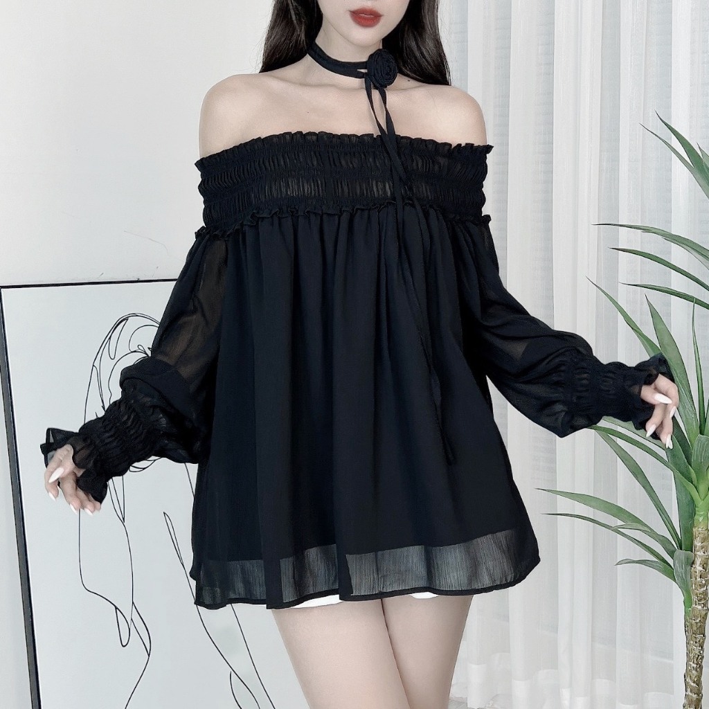 [Tặng kèm hoa] Áo Smocking Trơn Nữ Tay Dài 3 Màu Điệu Đà Chất Tơ IC MIMIX DT9145