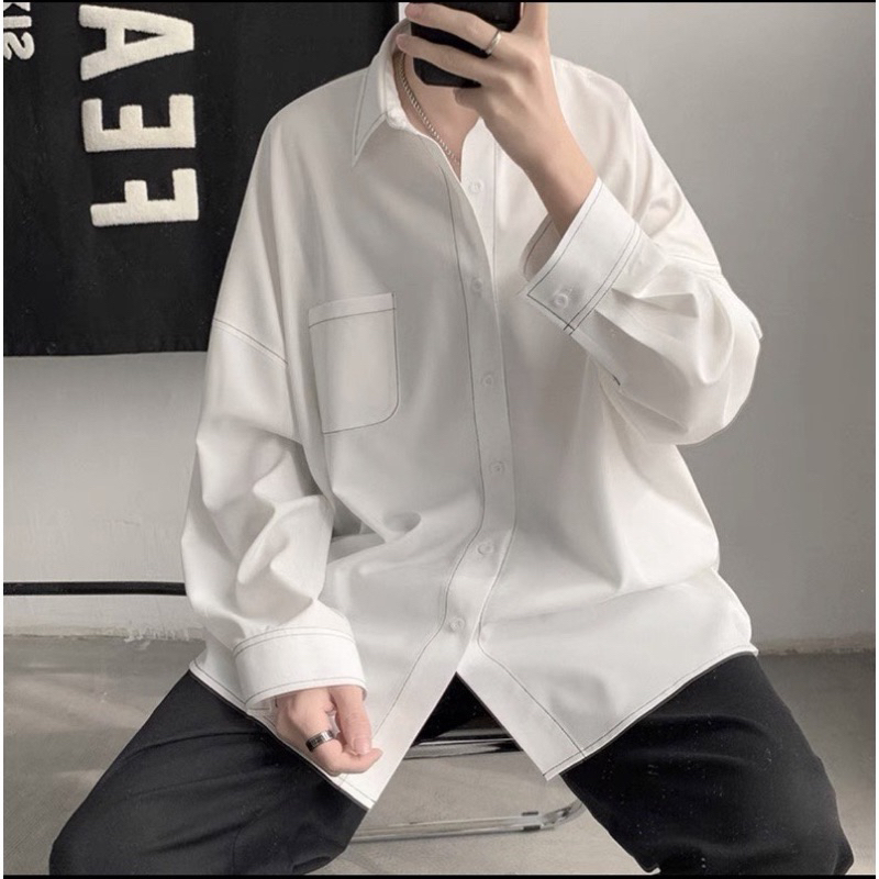 Áo Sơmi Lụa tay dài CHỈ NỔI màu ĐEN/TRẮNG phong cách Ulzzang 🖤 Nam Nữ 🖤 Áo Sơ mi form rộng Jaystoree