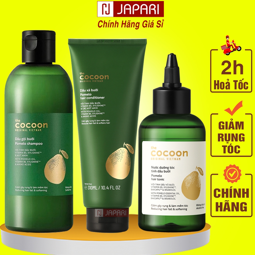 Dầu Gội Bưởi Cocoon + Xịt Tinh Dầu Bưởi Dưỡng Tóc Cocoon+Dầu Xả Bưởi-Bộ Dầu Gội Cocoon Ngăn Rụng Tóc Kích Mọc Tóc Japari