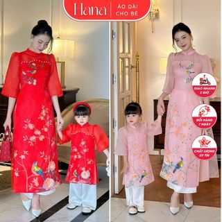 Set áo dài mẹ và bé gái chất tơ organza đính kết họa tiết nổi - HANA Áo dài gia đình