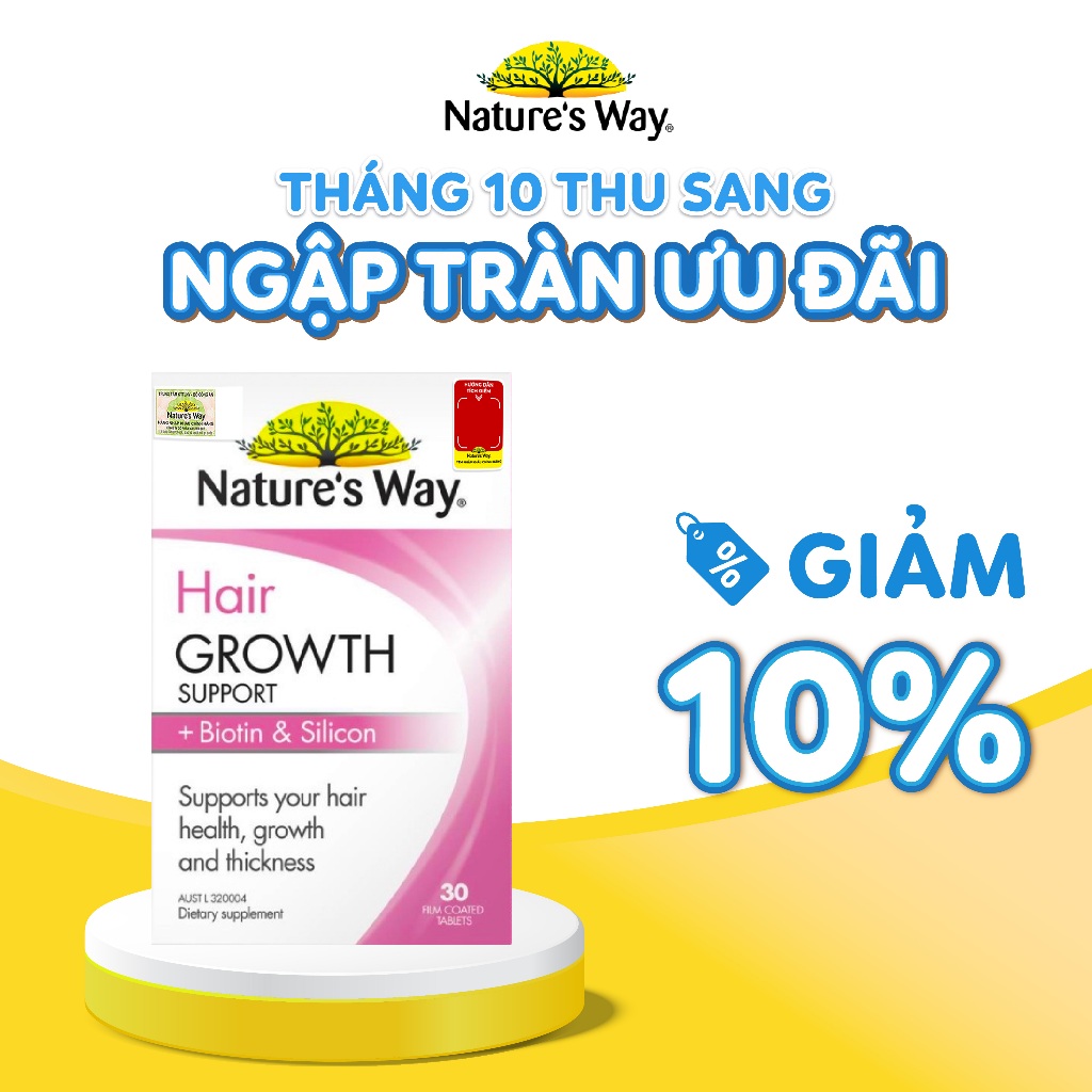 Viên Uống Hỗ Trợ Mọc Tóc Nature's Way Hair Growth Support + Biotin & Silicon, Giảm Rụng Tóc, Nuôi Dưỡng Tóc Hộp 30v