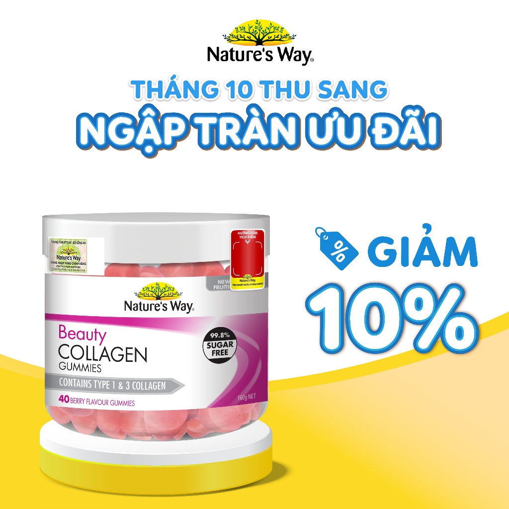 Kẹo Dẻo Collagen Beauty Gummies Nature's Way Không Chứa Đường, Bổ Sung Collagen Thủy Phân Hỗ Trợ Làm Đẹp Da Hộp 40 Viên