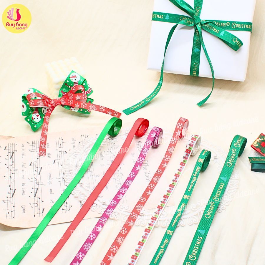 Ruy băng noel, ruy băng họa tiết noel dùng trang trí, ruy băng gói quà, kẹp tóc noel...